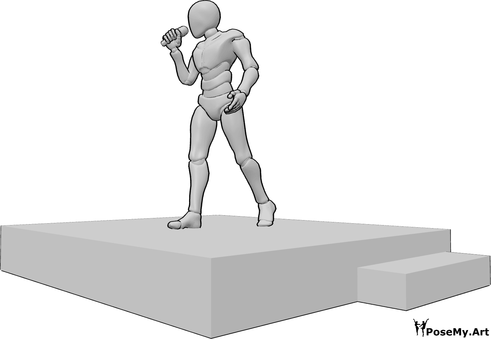Pose Reference- Male singer stage walk pose - Male is stepping forward on stage while singing, holding the microphone in his right hand