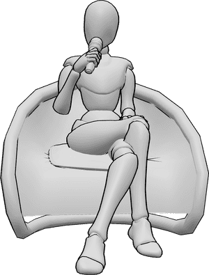 Pose Reference- Female singer sitting pose - Female singer is sitting on the chair, holding a microphone in her right hand and singing