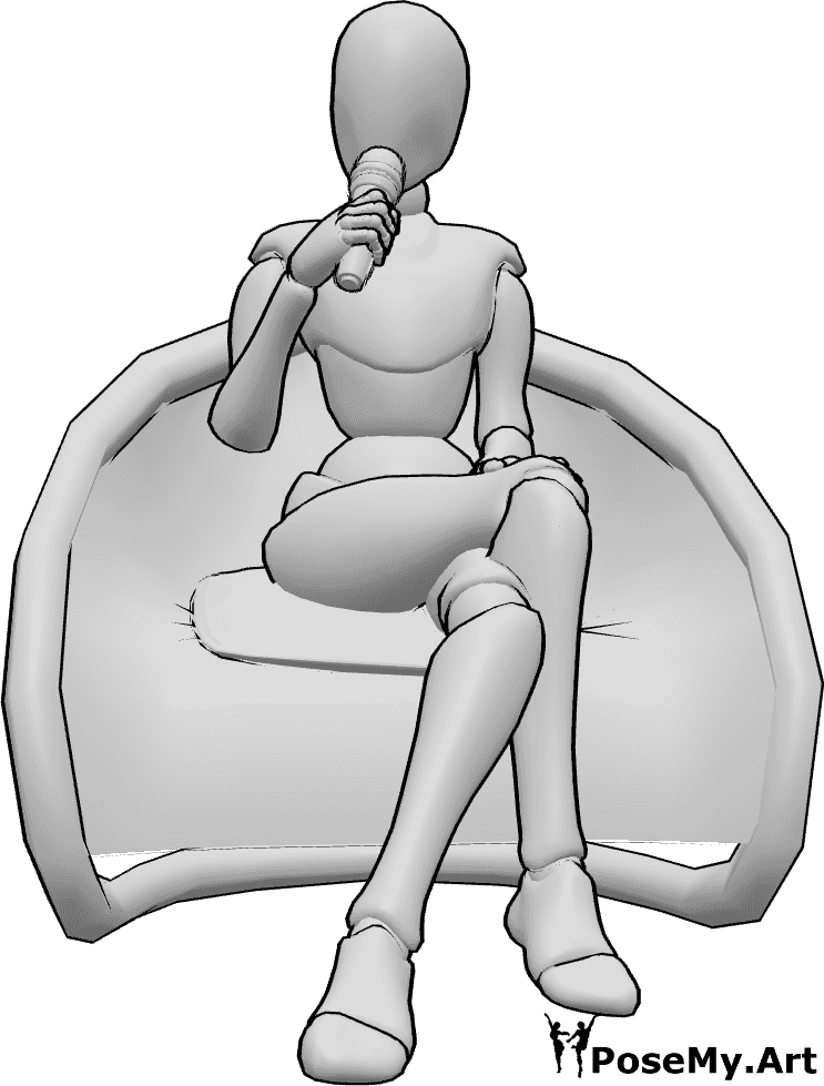Référence des poses- Chanteuse assise - Une chanteuse est assise sur une chaise, tient un micro dans sa main droite et chante.
