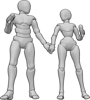 Pose Reference- Singer couple pose - Female and male are singing, holding each other's hands, duet pose