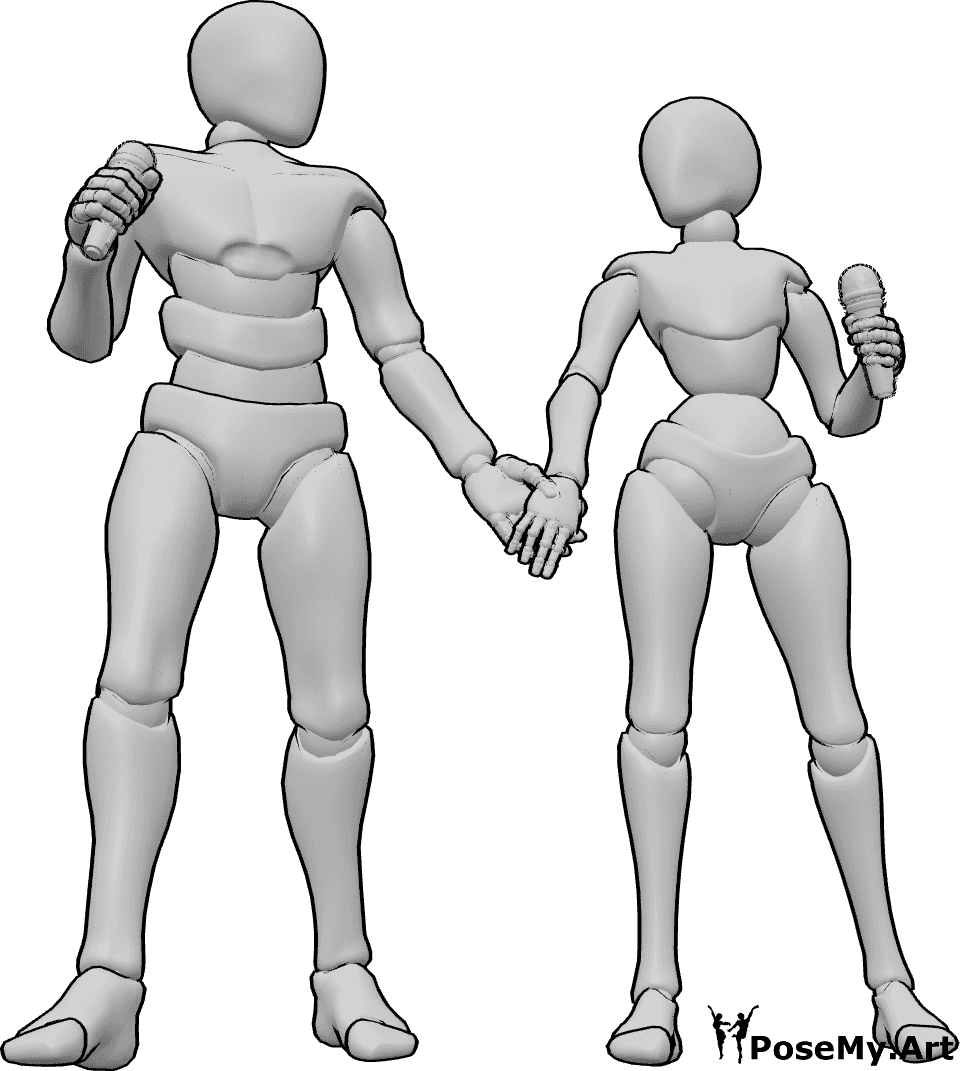 Pose Reference- Singer couple pose - Female and male are singing, holding each other's hands, duet pose