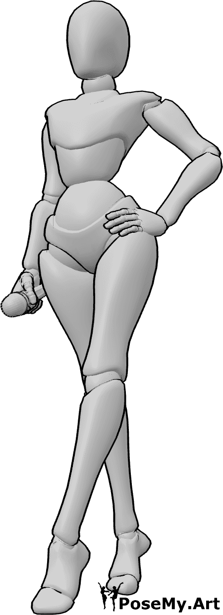 Pose Reference- Singer holding microphone pose - Female singer is standing confidently in high heels, holding her hip with her left hand and a microphone in her right hand