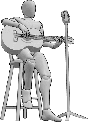 Pose Reference- Singer acoustic guitar pose - Male singer is sitting on a bar stool, playing acoustic guitar and singing