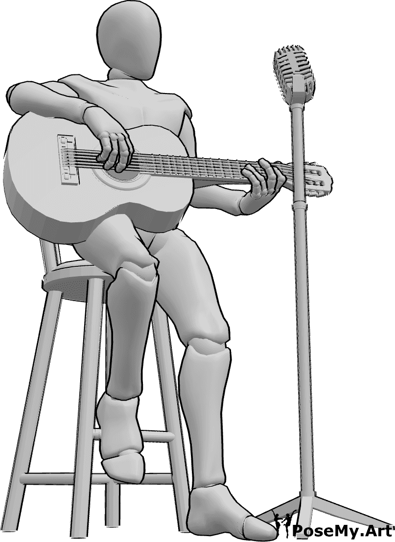 Pose Reference- Singer acoustic guitar pose - Male singer is sitting on a bar stool, playing acoustic guitar and singing