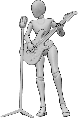 Pose Reference- Singer electric guitar pose - Female singer is standing, playing electric guitar and singing
