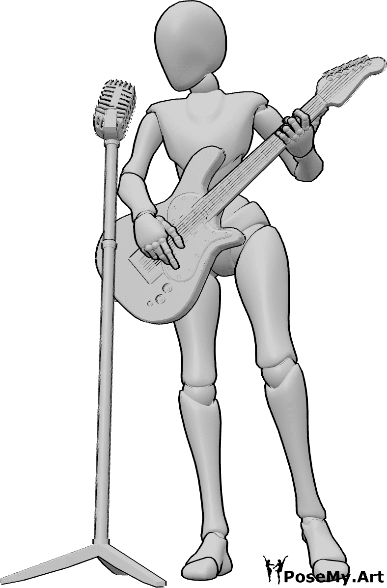 Posen-Referenz- Sängerin E-Gitarren-Pose - Die Sängerin steht, spielt E-Gitarre und singt