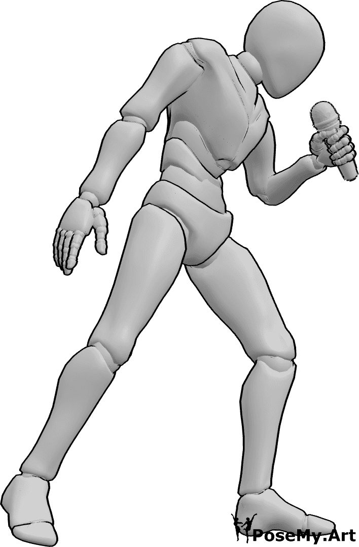 Referencia de poses- Pose de cantante masculino - Hombre cantando, con el micrófono en la mano izquierda y ligeramente inclinado hacia delante.