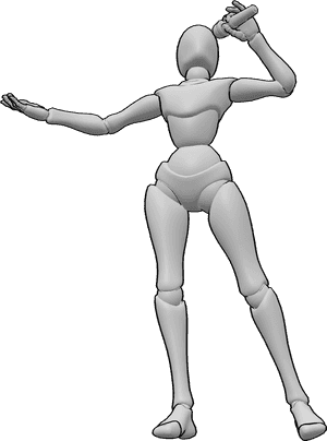 Pose Reference- Female singer looking up pose - Female singer is standing, singing, holding the microphone in her left hand, looking up and raising her other hand