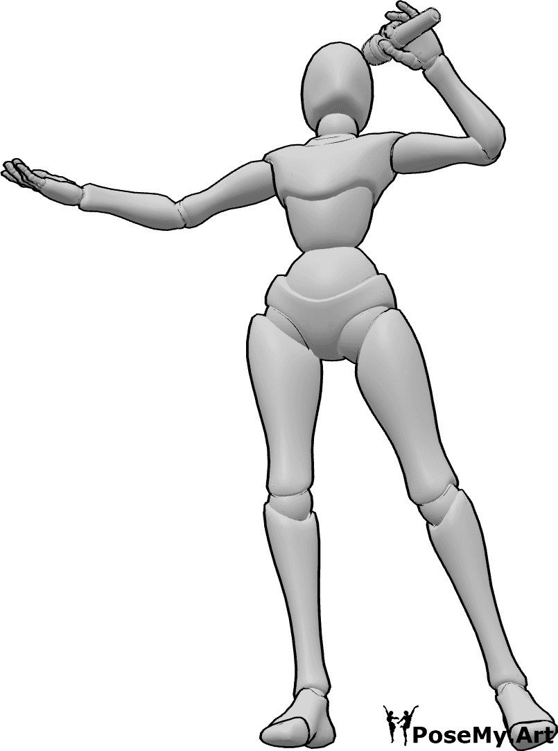 Référence des poses- Chanteuse regardant vers le haut pose - Chanteuse debout, chantant, tenant le micro dans sa main gauche, regardant vers le haut et levant l'autre main.