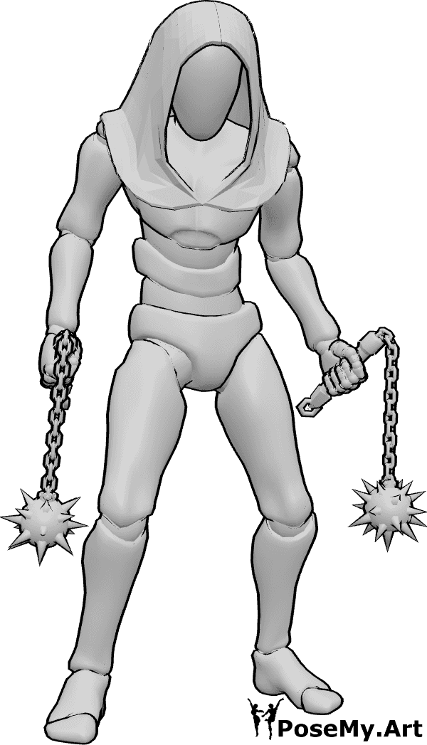Pose Reference- Male holding maces pose - Male is standing, holding maces in his hands, wearing a hood, holding weapon pose