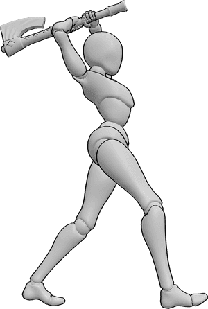 Pose Reference- Dynamic overhead strike pose - Female is lifting the weapon above her head, preparing to strike downward, axe strike pose