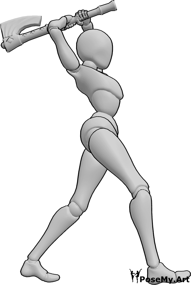 Pose Reference- Dynamic overhead strike pose - Female is lifting the weapon above her head, preparing to strike downward, axe strike pose