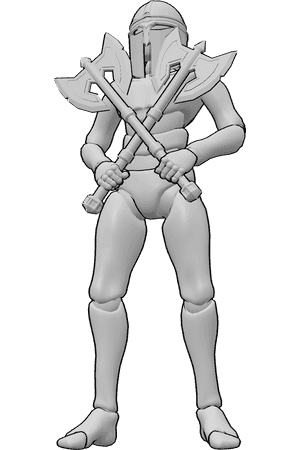 Pose Reference- Wide guard stance - Male is standing with feet apart, holding weapons crossed in front of his chest