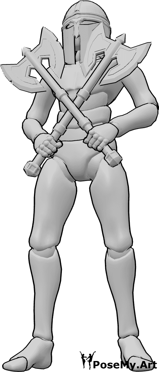 Pose Reference- Wide guard stance - Male is standing with feet apart, holding weapons crossed in front of his chest