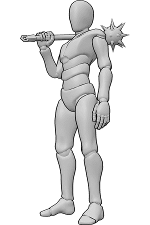 Pose Reference- Weapon rest standing pose - Male is resting the weapon on his shoulder, standing relaxed but alert