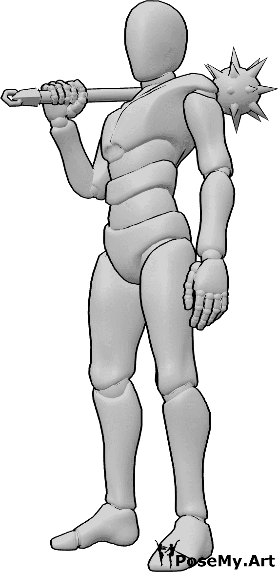 Pose Reference- Weapon rest standing pose - Male is resting the weapon on his shoulder, standing relaxed but alert