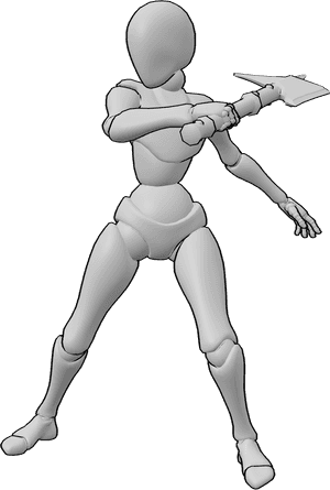Pose Reference- Side view slash pose - Female is attacking from the side, body turned, attacking with an axe, axe strike pose