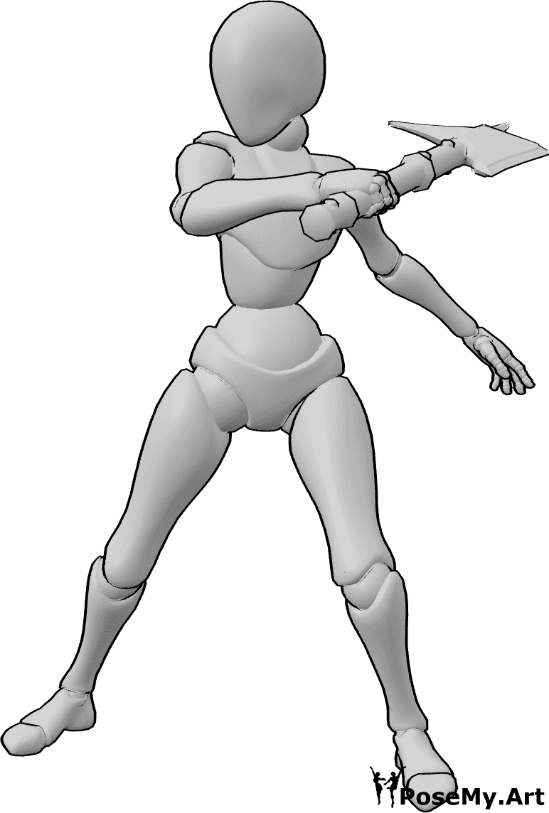Pose Reference- Side view slash pose - Female is attacking from the side, body turned, attacking with an axe, axe strike pose