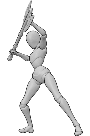 Pose Reference- Axe defensive block pose - Female is raising the weapon to block an incoming attack