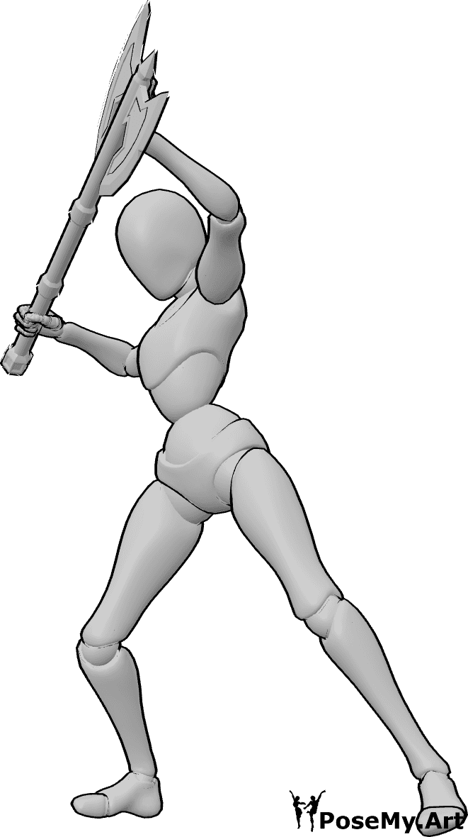Pose Reference- Axe defensive block pose - Female is raising the weapon to block an incoming attack
