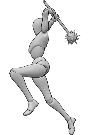 Pose Reference- Female mace attack pose - Female is attacking with a mace, jumping up and swinging the weapon above her head
