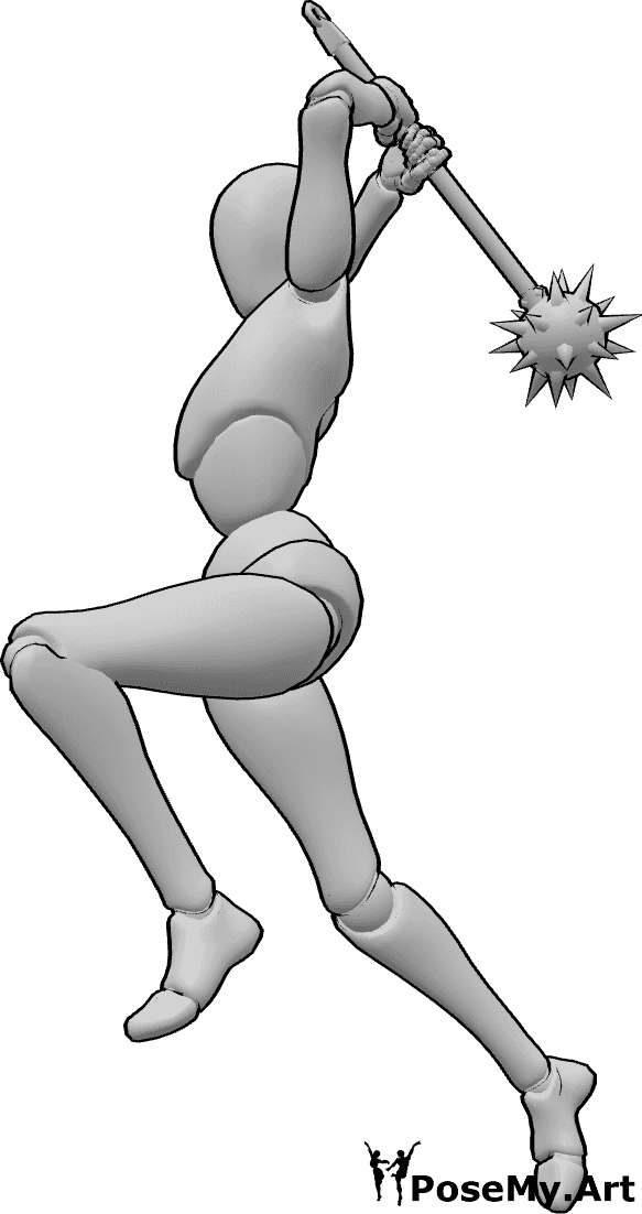 Pose Reference- Female mace attack pose - Female is attacking with a mace, jumping up and swinging the weapon above her head