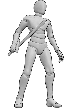 Pose Reference- Holding sword pose - Male is standing and holding a sword in his right hand, male holding weapon pose
