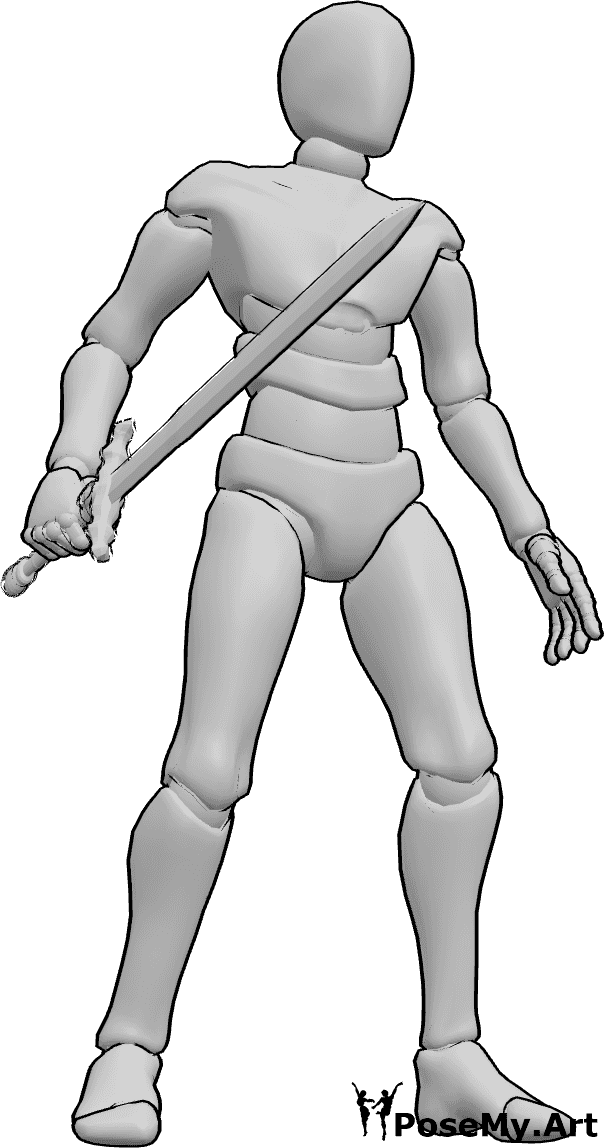 Pose Reference- Holding sword pose - Male is standing and holding a sword in his right hand, male holding weapon pose
