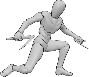 Pose Reference- Crouched dual kama attack pose - Male is crouching low, almost kneeling, holding kama weapons in both hands and preparing to strike