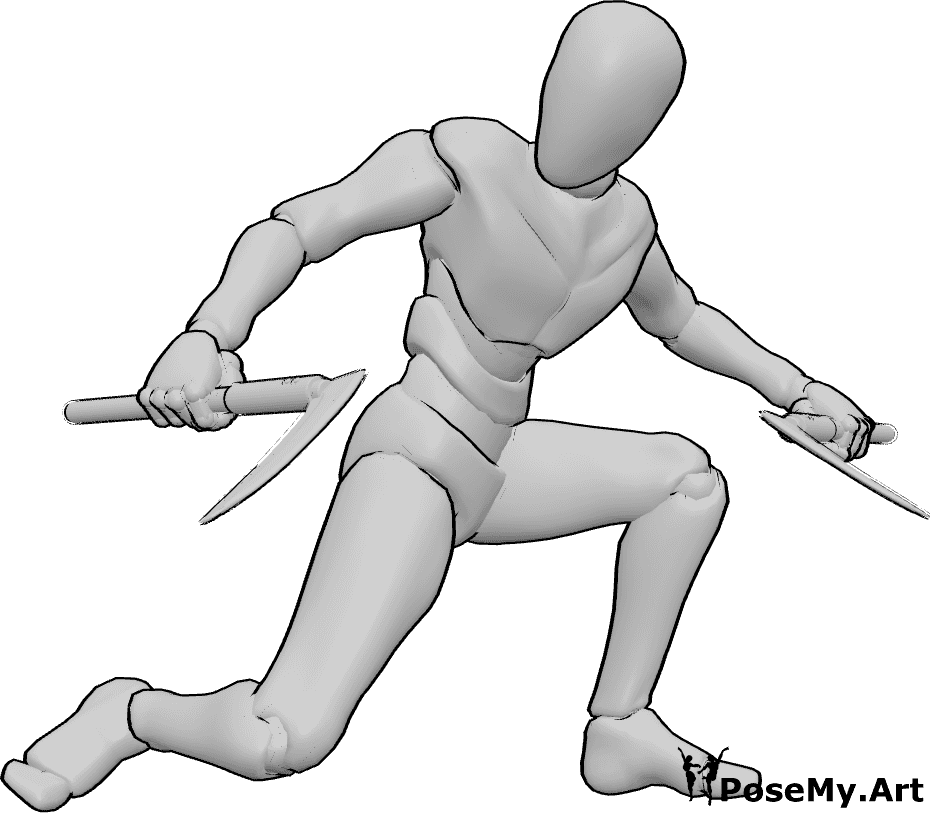 Pose Reference- Crouched dual kama attack pose - Male is crouching low, almost kneeling, holding kama weapons in both hands and preparing to strike