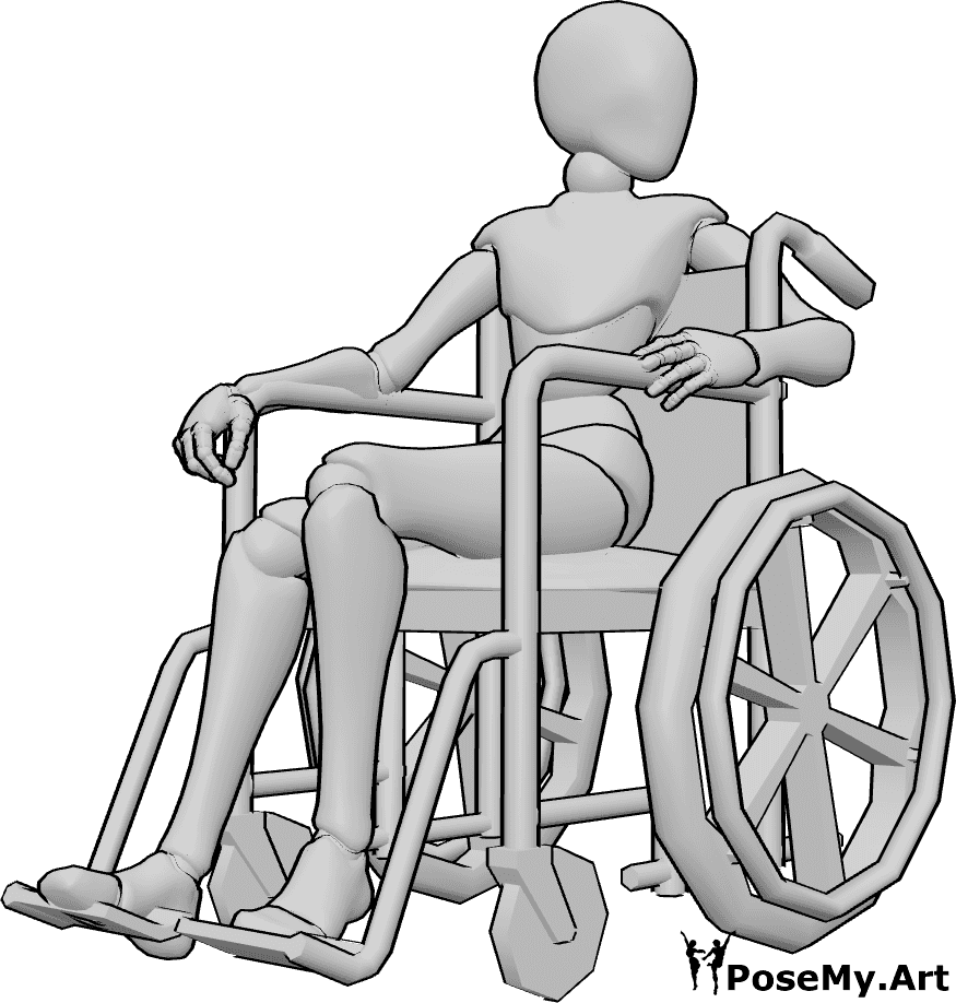 Pose Reference- Wheelchair looking back pose - Female is sitting in a wheelchair and looking back over her left shoulder