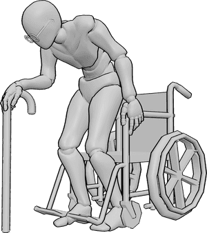 Pose Reference- Old male wheelchair pose - Elderly male is getting up from the wheelchair, leaning on a walking stick