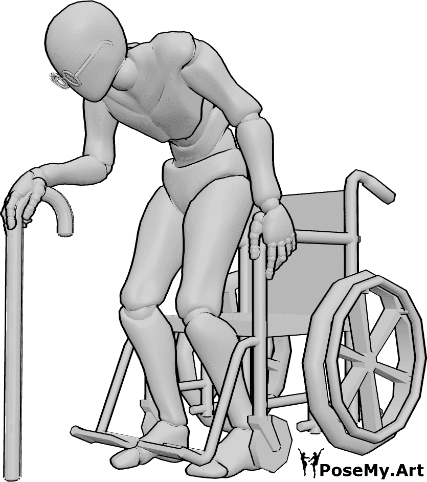 Pose Reference- Old male wheelchair pose - Elderly male is getting up from the wheelchair, leaning on a walking stick