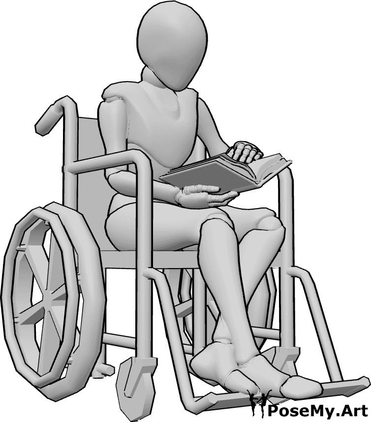 Pose Reference- Wheelchair reading pose - Female is sitting in a wheelchair and reading a book, her legs are crossed