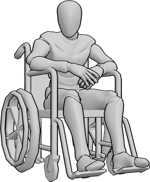 Pose Reference- Male wheelchair pose - Male is sitting in a wheelchair and looking to the right, holding his hands