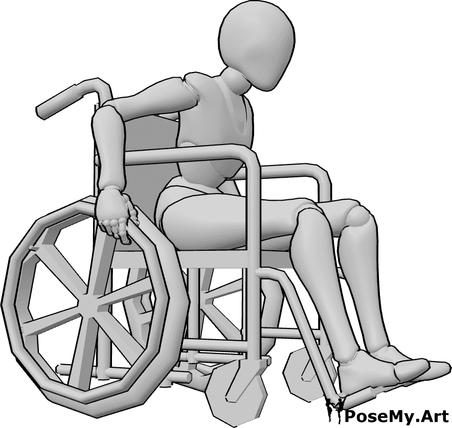 Pose Reference- Wheelchair propelling pose - Female is propelling her wheelchair forward, slightly leaning forward while moving, using her hands
