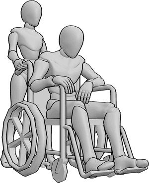 Pose Reference- Female wheelchair pushing pose - Male is seated in a wheelchair, and female is pushing from behind