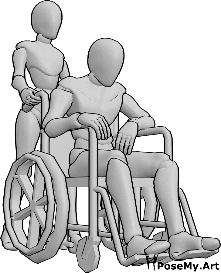 포즈 자료- 여성 휠체어 밀기 포즈 - 남성은 휠체어에 앉아 있고 여성은 뒤에서 밀고 있습니다.