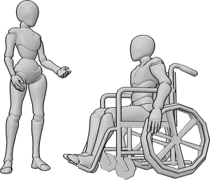 Pose Reference- Wheelchair talking pose - Female and male are talking, male is sitting in a wheelchair, conversation pose