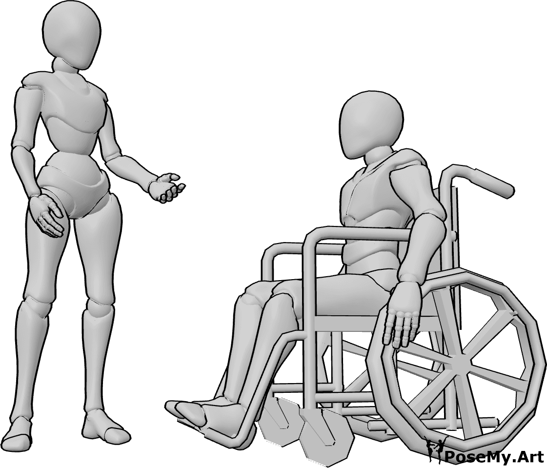 Pose Reference- Wheelchair talking pose - Female and male are talking, male is sitting in a wheelchair, conversation pose
