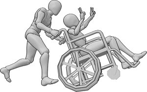 Pose Reference- Fun wheelchair pose - Female and male are having fun, male is pushing female's wheelchair fast