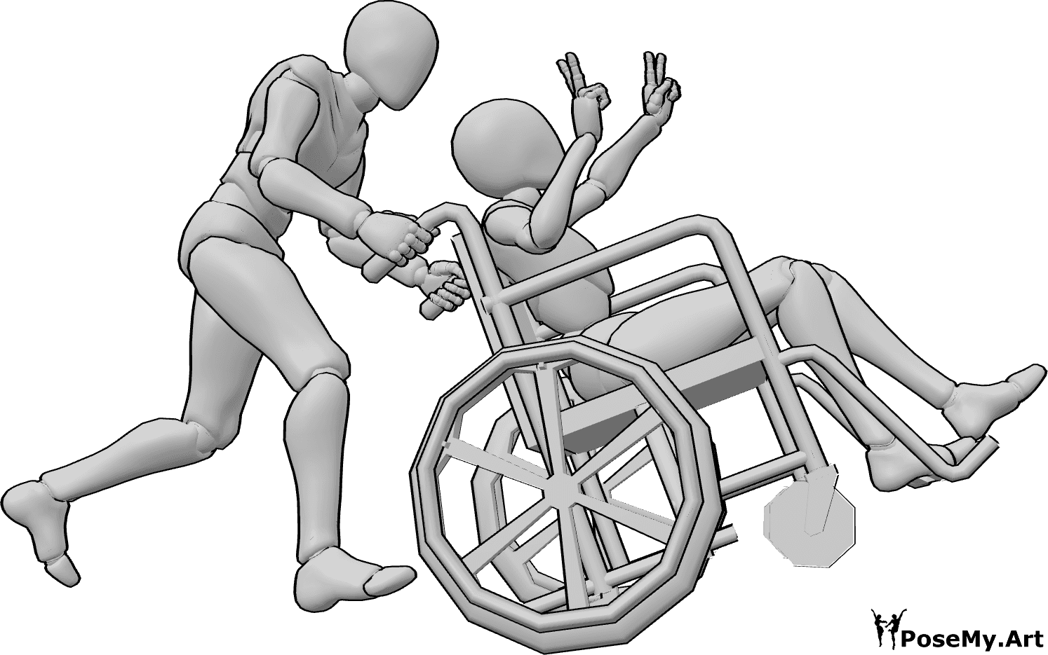 Pose Reference- Fun wheelchair pose - Female and male are having fun, male is pushing female's wheelchair fast
