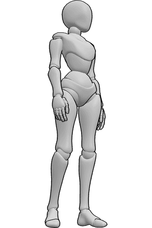 Pose Reference- Slight knee bend pose - Female is standing with a slight bend in one knee and her head facing slightly to the left in a calm posture