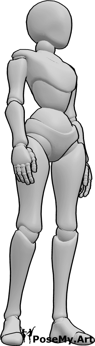 Referência de poses- Postura de ligeira flexão dos joelhos - A mulher está de pé, com uma ligeira flexão num joelho e a cabeça ligeiramente virada para a esquerda, numa postura calma