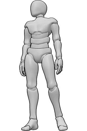 Pose Reference- Male relaxed shoulders pose - Male is standing straight with his shoulders relaxed and arms hanging naturally, one knee bend and he is looking to the right side