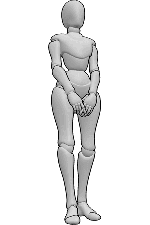 Pose Reference- Female clasped hands pose - Female is standing with her hands loosely clasped in front of her body, female neutral pose