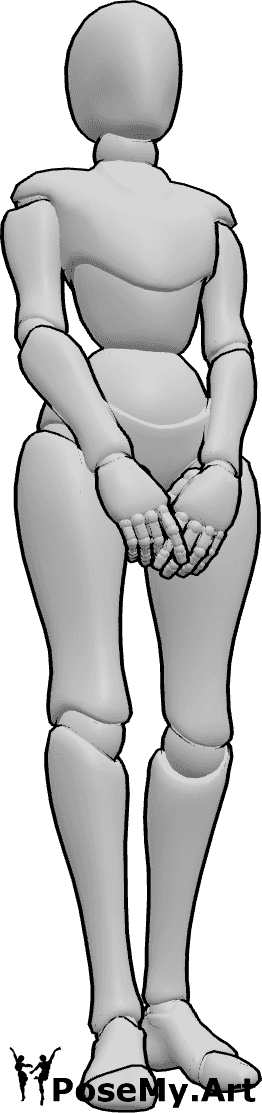 Pose Reference- Female clasped hands pose - Female is standing with her hands loosely clasped in front of her body, female neutral pose