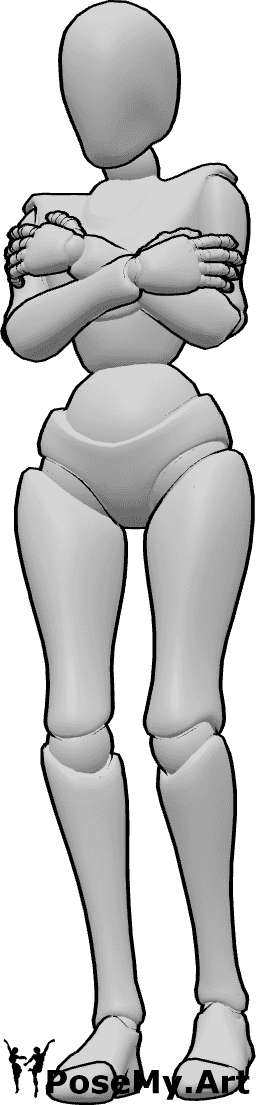 Référence des poses- Pose froide féminine - La femme a froid et se réchauffe avec ses bras, en se serrant dans ses bras.