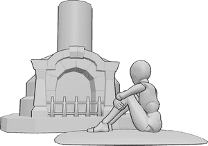 Pose Reference- Fireplace sitting pose - Cold female is sitting by the stone fireplace and warming herself
