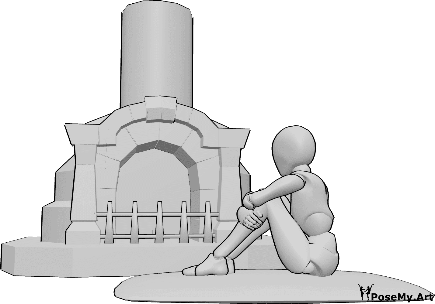 Referência de poses- Pose de sentar à lareira - A mulher fria está sentada junto à lareira de pedra e aquece-se